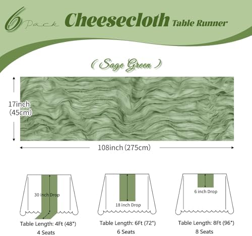 6 Pack Sage Green Cheesecloth Table Runner, 17 x 108 inch, Semi Sheer Boho Cheese Cloth Fabric Table Runner Bulk for Wedding, Birthday, Party, Holiday, Home Decor (Sage Green) - Image 3