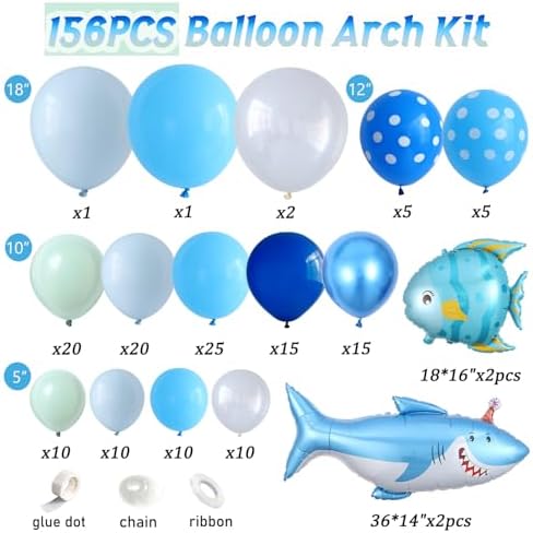 Under the Sea Party Decorations,156Pcs Blue Green Shark Balloon Garland Kit - Image 2