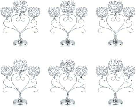6 Pcs Silver 3-Arm Heart Tea Light Candle Holder - Crystal & Metal Wedding Centerpiece Decor, Sparkling Table Decor for Anniversaries/Romantic Tabletop Home/Dinner Party/Events by kehail