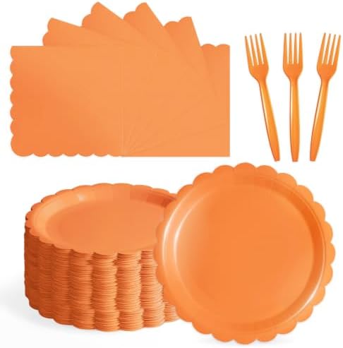 105PCS Orange Paper Plates & Napkins Set,7inch Scallope,with Forks by Tyzarglef