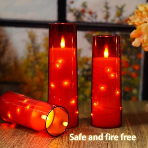 Nimiko Flickering Flameless LED Candles,Battery Operated Candles 9 Pcs with Embedded Star String,Acrylic LED Pillar Candles with Remote,Suitable for Home Decoration to Create an Atmosphere（Red） - Image 3