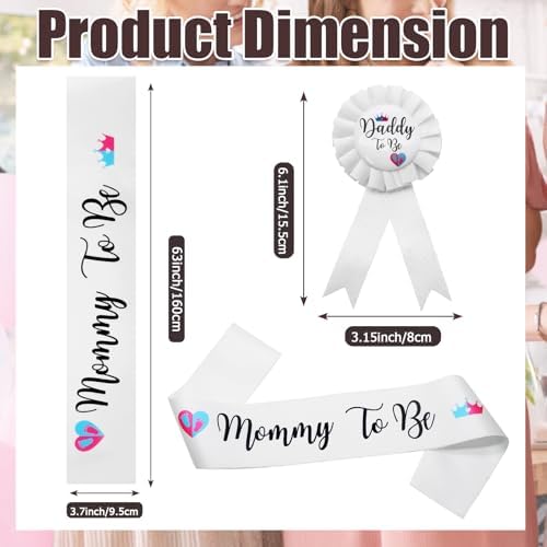 MILVOWOC 2 Pack Baby Shower Sash Set - White Satin Mommy to Be Sash & Daddy to Be Badge, Gender Reveal Gift & Pregnancy Party Decorations with Adjustable Ribbon, Baby Shower Decor - Image 4