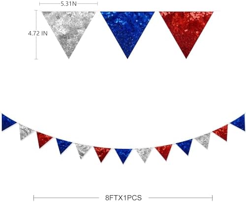 pinkblume Red Blue Silver Decorations Double Sided Sequin Fabric Triangle Pennant Banner Flag Bunting Garland for Nursery Classroom Home Bedroom Wall 4th of July American Veterans USA Holiday Decor - Image 2