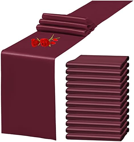 12 Pack Burgundy Satin Table Runner 12 x 108 Inch Long Premium Table Runners for Wedding Party Events Decoration, Birthday Parties, Banquets Decorations, Graduations, Engagements by YMHPRIDE