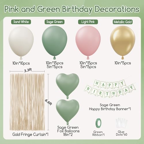 Pink and Sage Green Birthday Decorations with Sand White Gold Balloons - Image 2