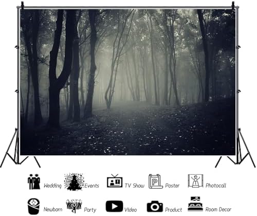 Vintage Dark Misty Forest Backdrop for Halloween Party Spooky Gothic Horror Theme Movies Foggy Woods Dirt Path Trees Background Photography Studio Photo Booth Props 5x4ft - Image 6