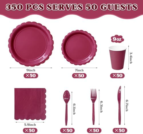 Vyntra 350 Pcs Burgundy Paper Plates and Napkins Party Supplies - Image 2