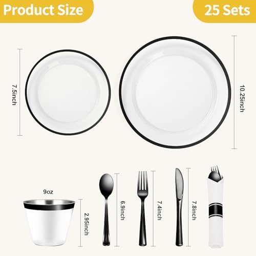 Goodluck 175 Pcs Clear Black Party Plates Cups Napkins Sets for 25 Guests - Image 4