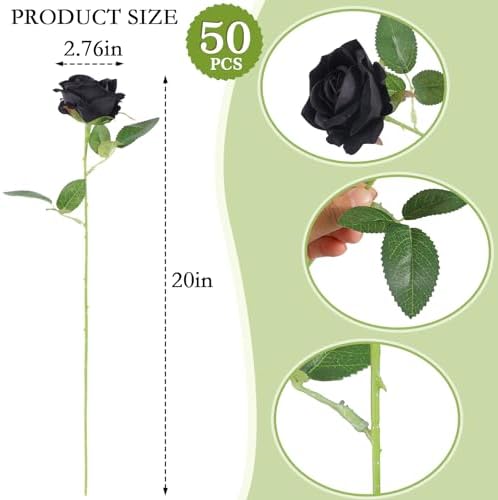 Hananona 50 Pcs Artificial Roses, Realistic Silk Black Flowers Bulk - Image 2