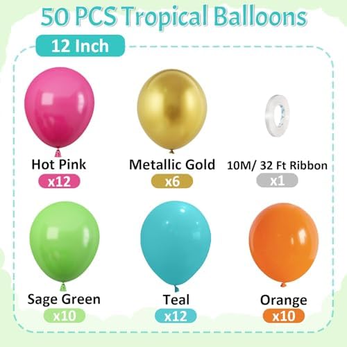Paready Tropical Balloons, 50 Pcs Rainbow Summer Hawaiian Party Decorations - Image 2