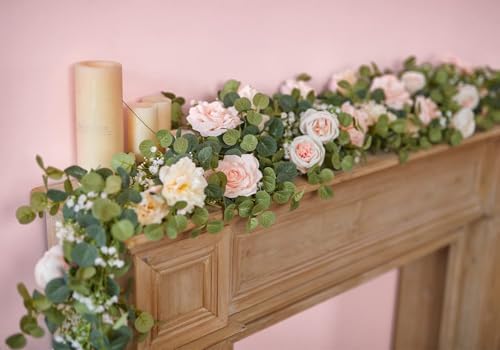 Anna's Whimsy 2PCS 5.91FT Artificial Eucalyptus Garland with Flowers, Fake Rose Gypsophila Garland, Faux Floral Garlands Greenery for Wedding Spring Home Party Table Runner Decor (Pink) - Image 4