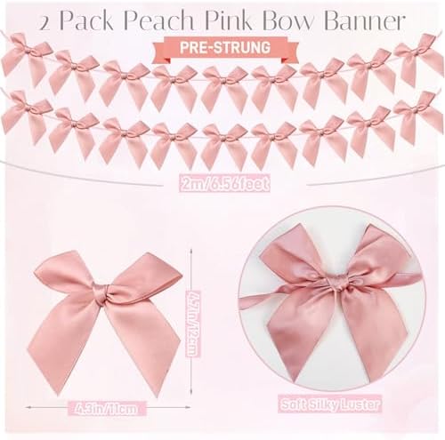 2pcs Bow Garland Banner, Ribbon Bow Party Decorations for Baby Shower Girls Bow Coquette Birthday Party Decor (Peach Pink) - Image 2