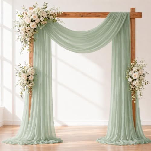 Sage Green Wedding Arch Draping Fabric Sheer Curtain Drapes 3 Panels | 20 ft Extra Long Shimmery Backdrop Curtains for Wedding Anniversary Party Summer Outdoor Events Drapery Photo Background by Aeviusmo