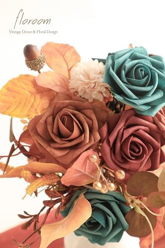 Floroom Artificial Flowers 25pcs Real Looking Teal Green Terracotta Ombre Colors Foam Fake Roses with Stems for DIY Wedding Bouquets Bridal Shower Centerpieces Floral Arrangements Tables Decoration - Image 4