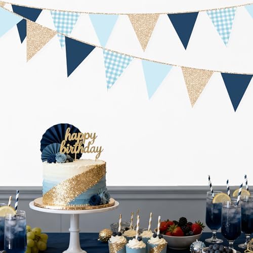 Navy Blue Champagne Gold Dusty Blue Buffalo Plaid Pennant Banner Flag Hanging Glitter Paper Triangle Bunting for Birthday Wedding Shower Bachelor Retirement Nautical Party Decorations Supplies - Image 7