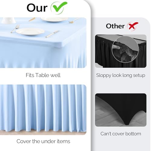 Wish Care 2 Pack Baby Blue Spandex Table Clothes for 8 Foot Rectangle Tables, 8FT Wrinkle Free Fitted Tablecloths Ruffles Design Table Cover for Party, Banquet, Wedding and Events - Image 3