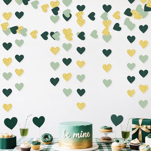 Sage Green and Gold Heart Party Glitter Gold Paper Olive Green Love Heart Hanging Garland Streamer Banner for Woodland Safari Birthday Wedding Anniversary Valentines Day Party Decorations - Image 5