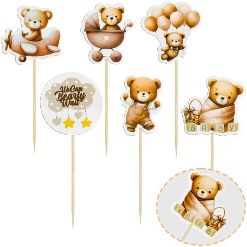 Gyufise 36Pcs Bear Cupcake Toppers Bear Cupcake Picks Baby Carriage Bottle Balloon We can Bearly Wait Cake Decorations for Baby Shower Gender Reveal Kids Birthday Party Supplies Coffee - Image 3