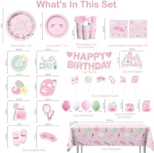 355Pcs Spa Birthday Party Supplies for Girls Tableware Set, 50 Serves - Image 2