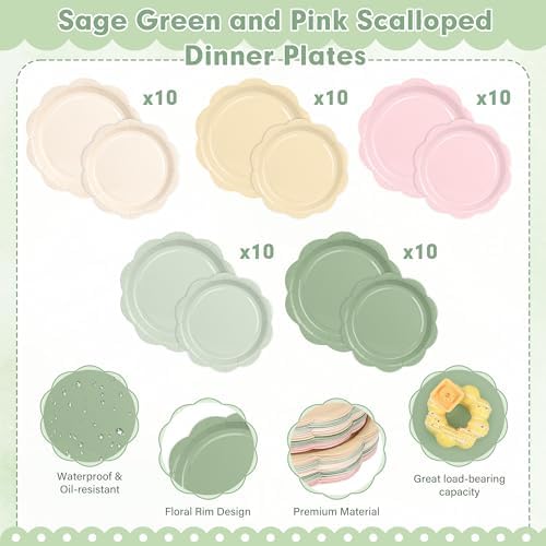 350 Pcs Sage and Pink Paper Plates and Napkins Party Supplies - Pink and Green Birthday Decoration Include Dusty Pink Sage Green Scalloped Plate Napkin Cup & Cutlery for Baby Shower, Wedding, Birthday - Image 5