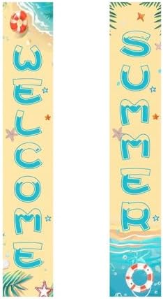 BlissYard 2pcs Welcome Summer Door Banner Beach Themed Decorations Sea Star Hanging Porch Banner Summer Decor for Outside Hawaii Tropical Party Seasonal Outdoor Indoor Holiday Supplies by BlissYard