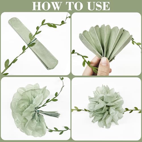 Sage Green Tissue Paper Flowers Pom Pom with Leaf Ribbon Dusty Green Hanging Garland Streamer for Birthday Wedding Shower Engagement Woodland Safari Jungle Neutral Party Decorations Supplies - Image 3