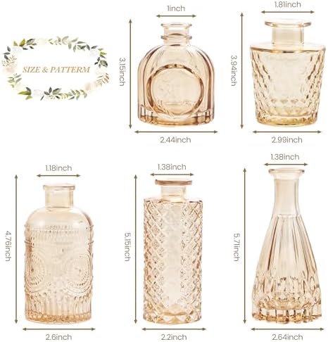 UPBUD Amber Gold Glass Bud Vases Set of 5, Small Vases for Flowers - Image 6