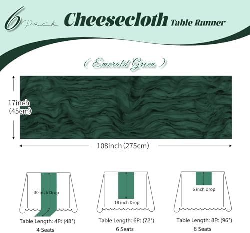 6 Pack Emerald Green Cheesecloth Table Runner, 17 x 108 inch, Semi Sheer Boho Cheese Cloth Fabric Table Runner Bulk for Wedding , Birthday, Party, Holiday, Home Decor (Emerald Green) - Image 3