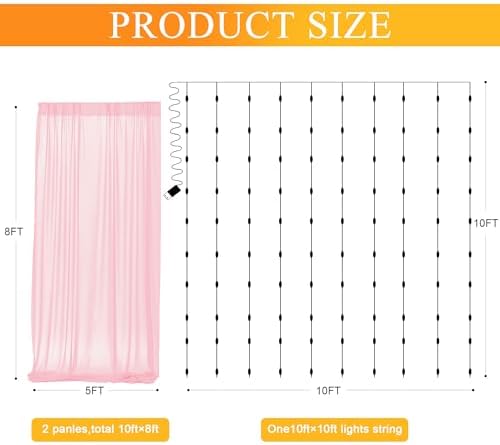Tulle Backdrop Curtains with Lights Pink 10x8ft Sheer Curtain Backdrop - Image 2