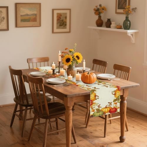Vintage Buffalo Plaid Table Runner 13x72 Inch - Fall Harvest Decor with Pumpkins Mushrooms Birdhouse Leaves, Seasonal Indoor Outdoor Kitchen Dining Table Decoration for Home Party - Image 2