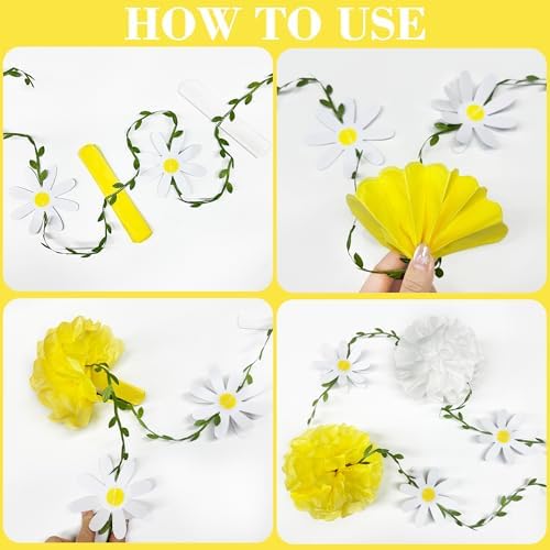Daisy Party Decorations Yellow White Tissue Flowers Pom Pom Daisy Hanging Leaf Garland Streamer Banner for Spring Summer Themed Birthday Wedding Shower Tea Party Supplies Home Garden Decor - Image 3