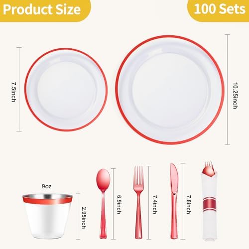 Goodluck 700 Pcs Clear Red Plastic Dinnerware Sets for Party for 100 Guests - Image 4