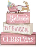 Moucuny 4 Pcs Christmas Table Decoration Pink Santa Sleigh Stacked Wooden Sign Decor Christmas Tiered Tray Decor Decorative Santa Claus Elk Block Sign Gift Farmhouse Xmas Centerpiece for Home Kitchen by Moucuny