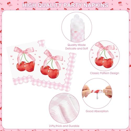 170 Pcs Cherry Birthday Decorations - Pink Bows Party Supplies Set, Happy Birthday Banner, Scalloped Paper Plates Napkins Cups, Plastic Tablecloth, Flatware for Coquette Cherry Bday Party Decoration - Image 4