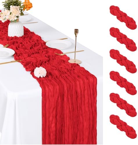6 Pack Red Cheesecloth Table Runner, 17 x 108 inch, Semi Sheer Boho Cheese Cloth Fabric Table Runner Bulk for Wedding, Birthday, Party, Holiday, Home Decor (Red) by ACSUIT