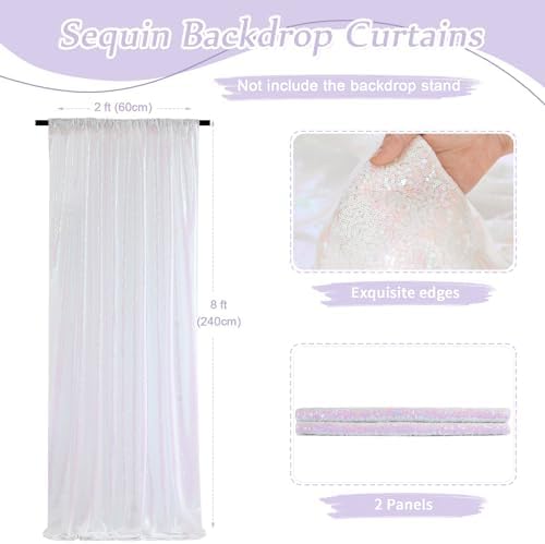 Sequin Curtains 2 Pieces White Iridescent 2FTx8FT Sequin Backdrop Glitter Fabric Background for Christmas Party Decoration Brithday Party Wedding Decorations - Image 2