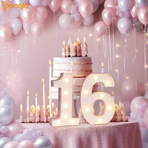 Pooqla Decorative Led Light Up Number Letters, White Plastic Marquee Number Lights Sign 16th Birthday Decorations for Girls Boys Party Wedding Decor Battery Operated Number (16) - Image 2