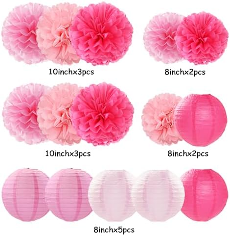 Light-Hot Pink Party-Decorations Paper-Flowers Lanterns - 15pcs Graduation Girl Birthday Decor Tissue Pom Poms Streamers, Bridal Baby Shower Wedding Bachelorette Valentine Hanging Supplies Hugfond - Image 6