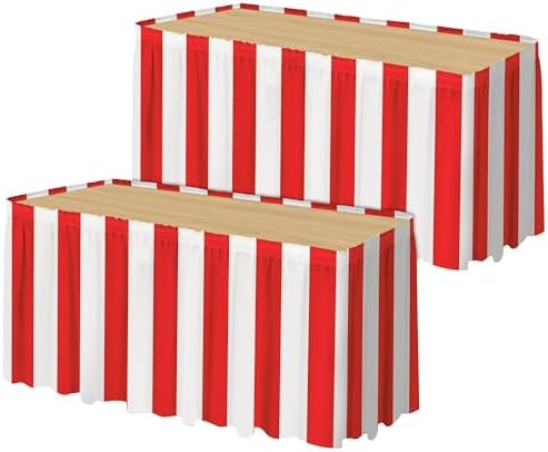 Fovths 2 Packs Red and White Striped Table Skirt Circus Table Skirt Carnival Theme Party Decorations Circus Tables Decorations for Concession Stand Holiday Party Supplies, 14 ft x 30 inch by Fovths