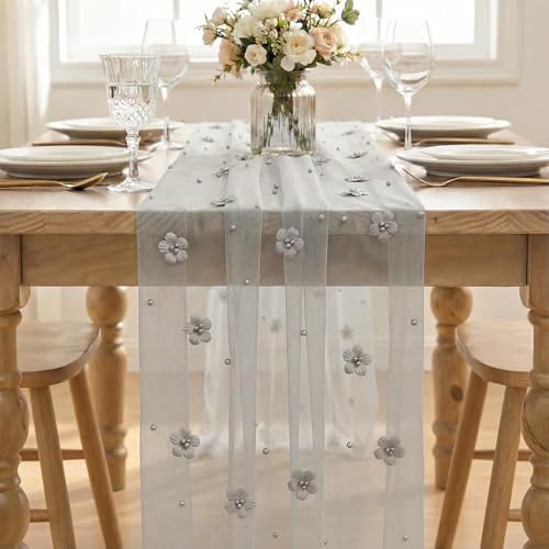Artoid Mode Gray Flower Pearl Gray Gauze Table Runner 10FT, Seasonal Sheer Dining Holiday Wedding Birthday Baby Shower Table Decor for Home Party - Image 2
