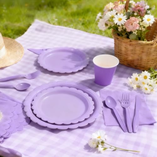 176 PCS Purple Party Decorations - Light Purple Scalloped Plates, Napkins, Cups, Cutlery, Tablecloth for Baby Shower, Wedding, Lavender Birthday Decorations, Serves 25 - Image 6