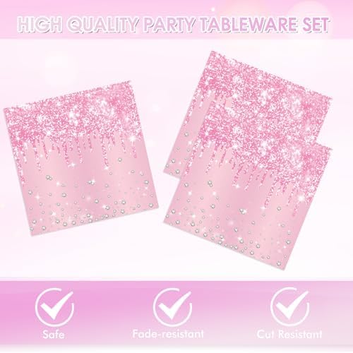 40 PCS Pink Birthday Decorations Light Pink Diamond Theme Birthday Disposable Tableware Paper Plates and Napkins for Wedding Baby Shower Serves 20 - Image 3