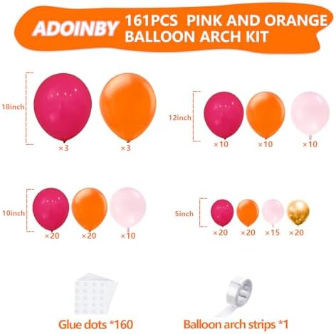 Pink and Orange Balloon Arch Kit, ADOINBY 161Pcs Hot Pink Orange Metallic Gold Latex Balloon Garland kit, 18 12 10 5 Inch Different Size Balloons for Birthday Baby Shower Wedding Party Decorations - Image 2