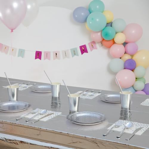 201-piece disposable party tableware set with paper plates, cups, napkins, straws, tablecloths, plastic knives, forks and spoons for a variety of party occasions for up to 25 people (Silver Star) - Image 6