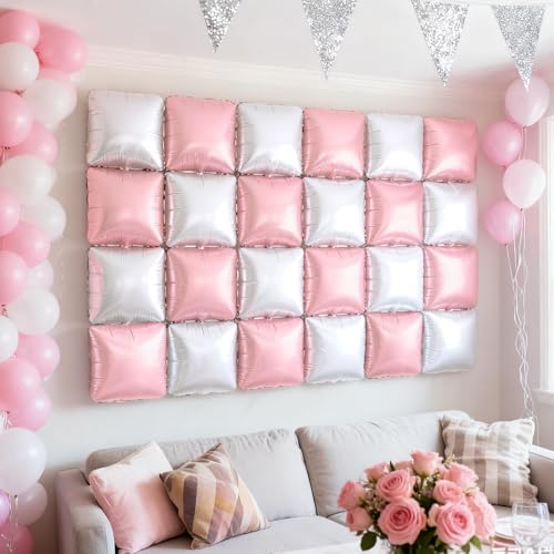 NISOCY 25PCS Pearl Pink and White Square Foil Balloons Wall Backdrop - Image 6