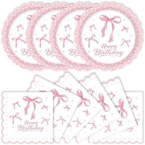 40Pcs Pink Bow Plates and Napkins Party Supplies, 9 Inch Disposable Pink Birthday Plates and Napkins Tableware Set for Bridal Engagement Baby Shower Coquette Birthday Decorations Serve 20 by Unknown