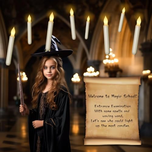 Raycare 20 Pcs Floating Candles with Wand, Magic Hanging Candles Flameless, Flickering LED Taper Candle with Wand Remote, Warm Light, Battery Operated Window Candle for Halloween Witch Wizzard Decors - Image 2