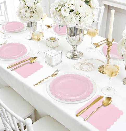 HEIPINIUYE 50 Pcs Light Pink Paper Plates and Napkins Party Supplies Include 7'' Pink Scalloped Plates and 6.5'' Paper Napkins Disposable Tableware Set for Dinner Wedding Birthday Party (Serves 25) - Image 6