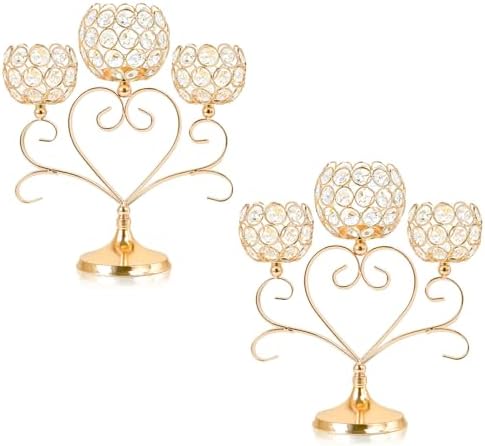 2 Pcs 3-Arm Heart Tea Light Candle Holder - Crystal & Metal Wedding Centerpiece Decor, Sparkling Table Decor for Anniversaries/Romantic Tabletop Home/Dinner Party/Events (2, Gold) by kehail