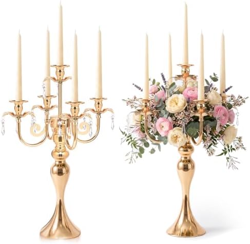 2PCS Gold 5-Arm Candelabra Centerpiece - 20.3" Tall Metal Candle Holder for Wedding, Party & Home Decor - Vintage Table Centerpiece for Events, Dining Room, Church Decorations by KOLNLALA